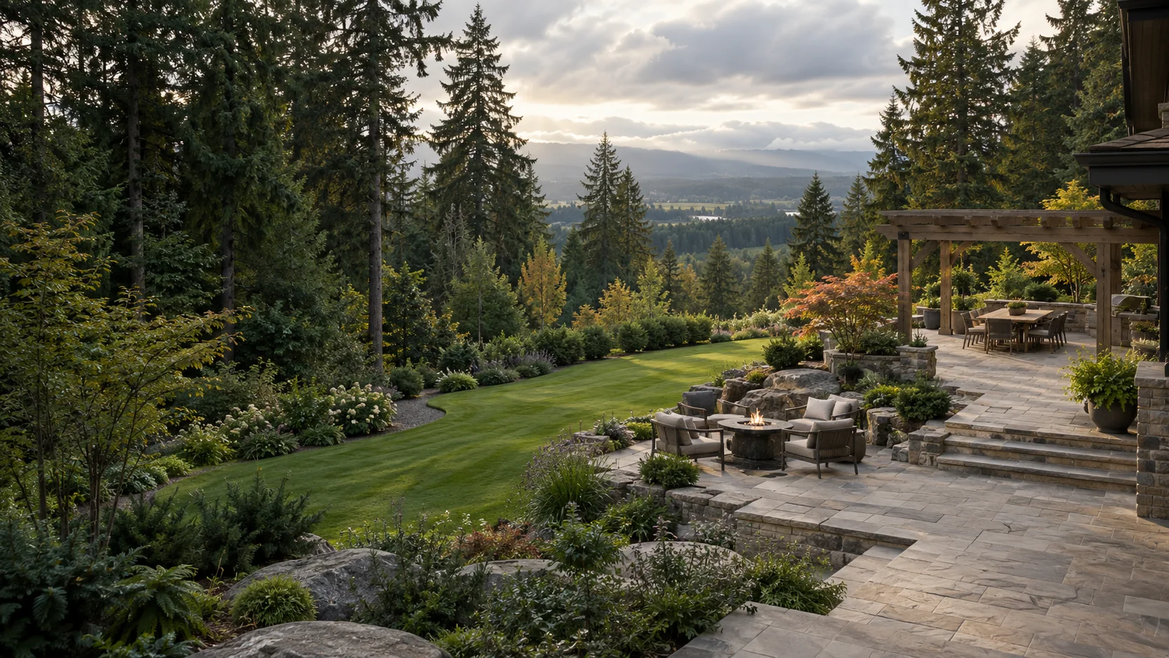 Illustrative expansive landscaped property with stone patio, planting and lawn