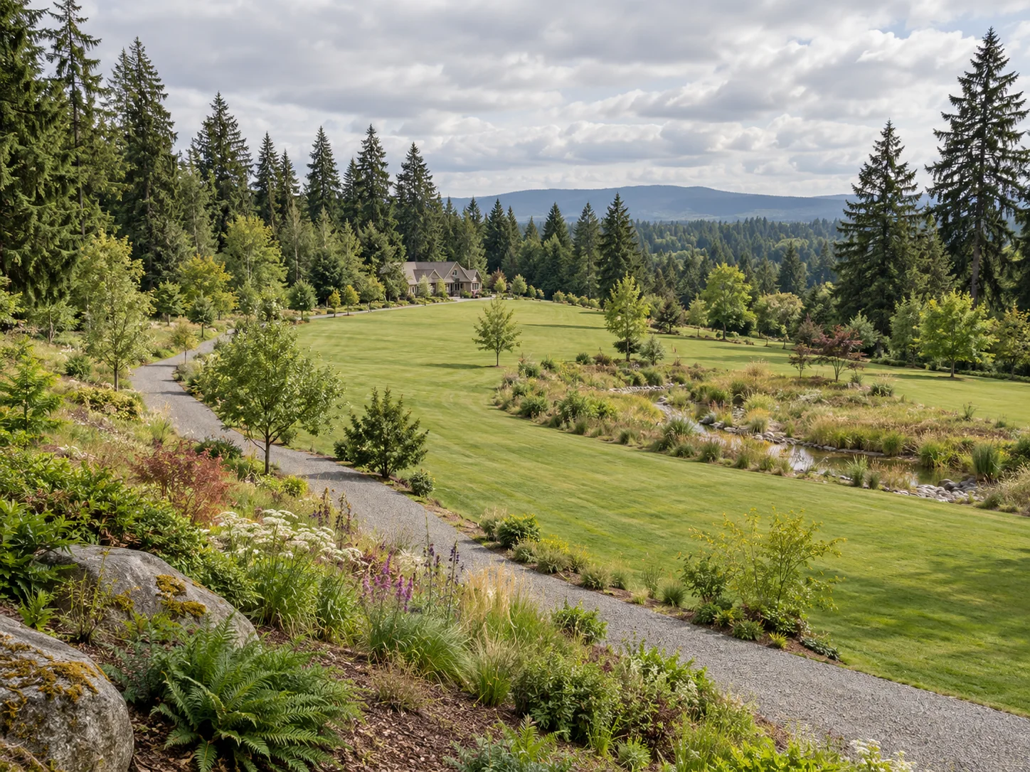 Illustrative wide acreage landscape with a long path, open lawn and treed edges