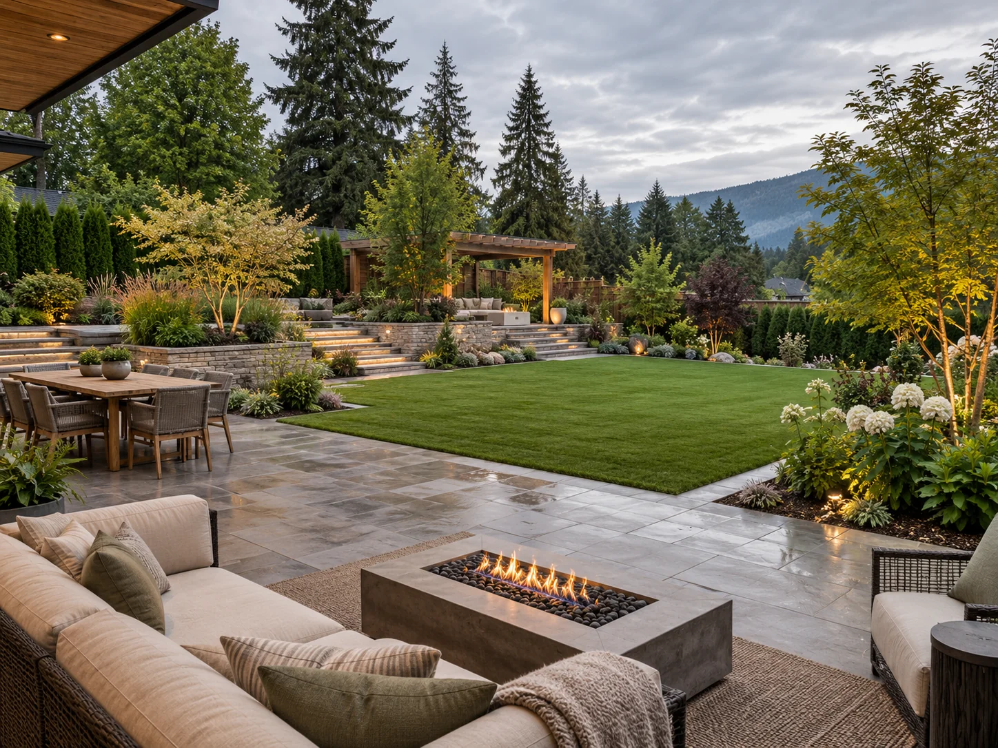 Illustrative completed backyard landscape with patio, lawn and planting
